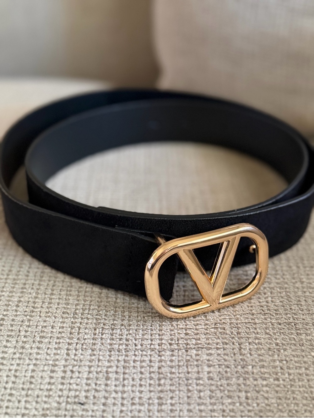 Black Suede Belt with Gold V-Style Buckle